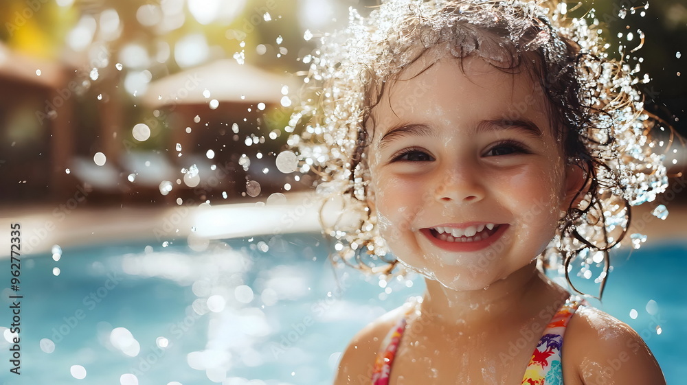 Fototapeta premium Joyful Summer Child Playing Splashing Water Pool Outdoor Sunshine