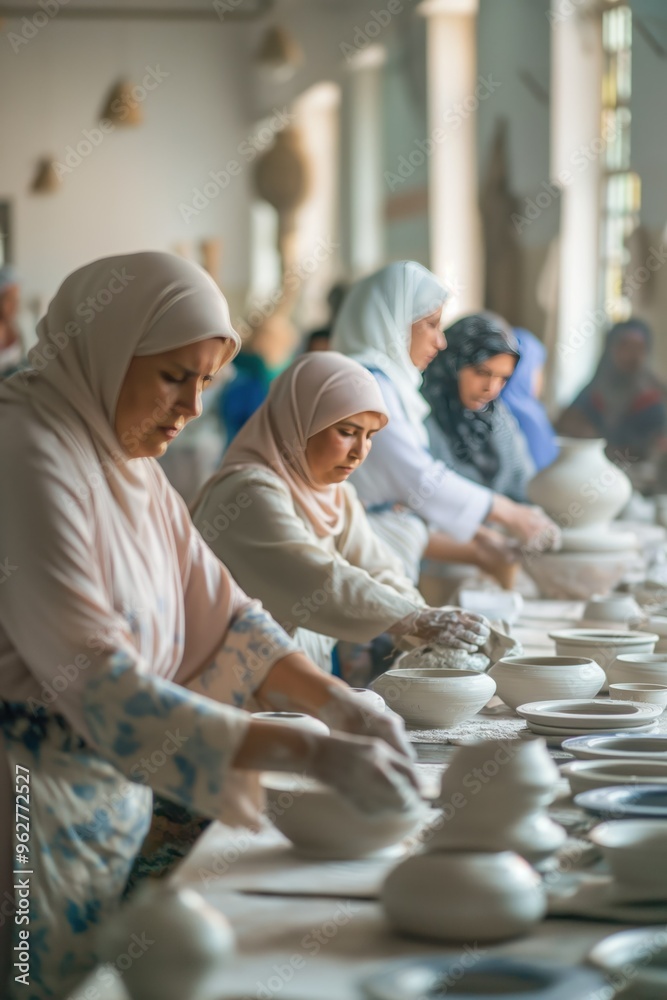Middle Eastern women create pottery in bright workshop. Wear traditional headscarves, aprons working on ceramic items. Room natural from window on white wall. Middle Eastern women create pottery in bright workshop. Wear traditional headscarves, aprons working on ceramic items. Room natural from window on white wall.