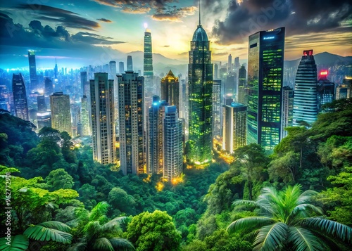 A Verdant Jungle Canopy Towers Over A Sprawling Metropolis With Gleaming Skyscrapers And Neon Lights. #962772901