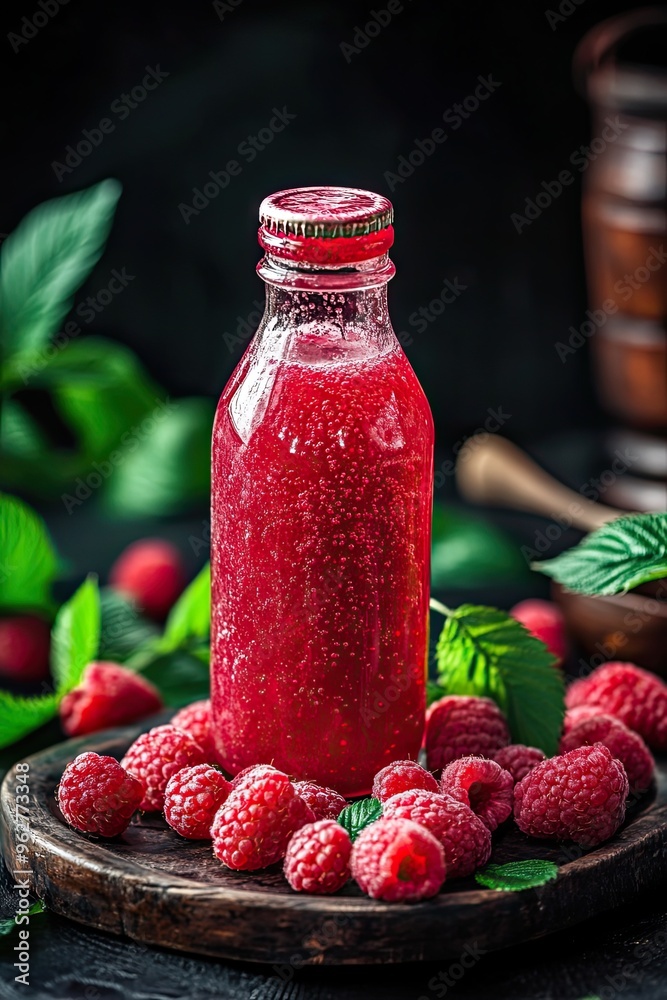 Fresh Raspberry Juice Bottle With Raspberries isolated on a white background Fresh Raspberry Juice Bottle With Raspberries isolated on a white background