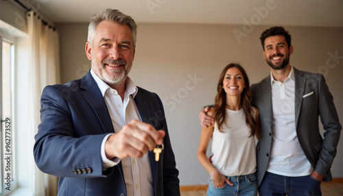 A smiling mature professional realtor agent giving house key to a couple buying property and ready to become homeowners, real estate market concept.