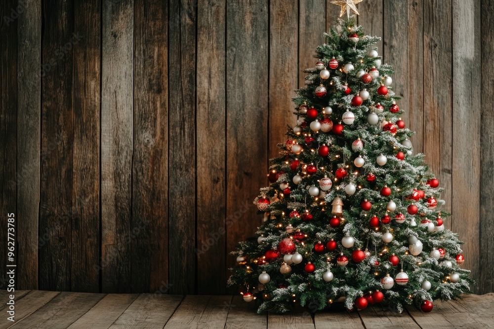 Christmas tree with red and white baubles and lights against an old wood background with generative ai Christmas tree with red and white baubles and lights against an old wood background with generative ai