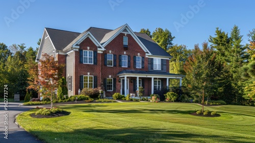 A beautiful brick house surrounded by a well-maintained lawn and trees under a clear blue sky.