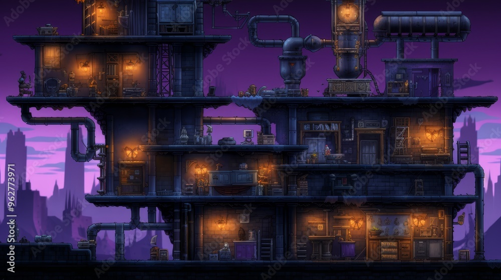Retro pixel art game background featuring level up button game design concept illustration Retro pixel art game background featuring level up button game design concept illustration