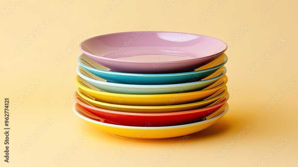 A stack of colorful plates arranged neatly against a soft background. A stack of colorful plates arranged neatly against a soft background.