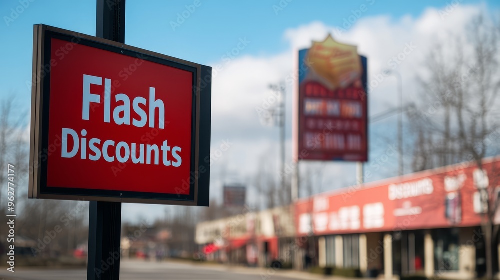 Red Sign with Flash Discounts on a Pole in Front of a Blurred Building Red Sign with Flash Discounts on a Pole in Front of a Blurred Building