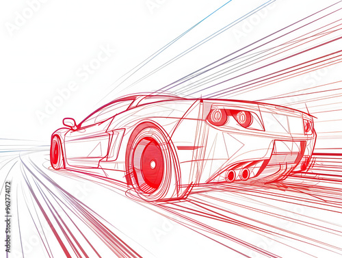 Driving sports car on road line drawing illustration