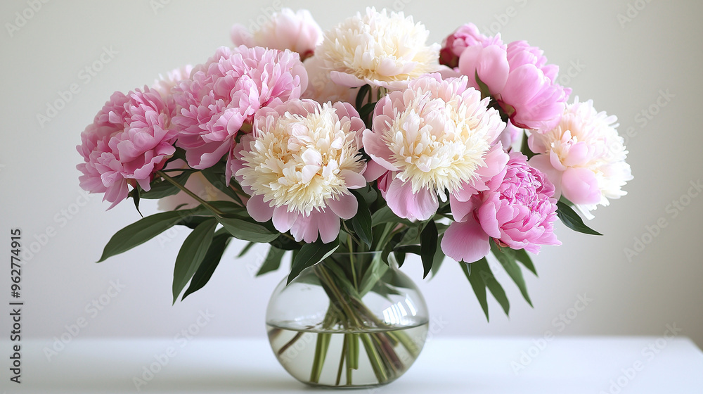A detailed photo of a pastel-colored bouquet of peonies, placed in a simple glass vase on a white table A detailed photo of a pastel-colored bouquet of peonies, placed in a simple glass vase on a white table