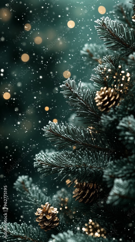 mobile wallpaper tinsel foil Christmas tree decorations on a dark green background with falling snowflakes, silver confetti, bright holographic shine mobile wallpaper tinsel foil Christmas tree decorations on a dark green background with falling snowflakes, silver confetti, bright holographic shine