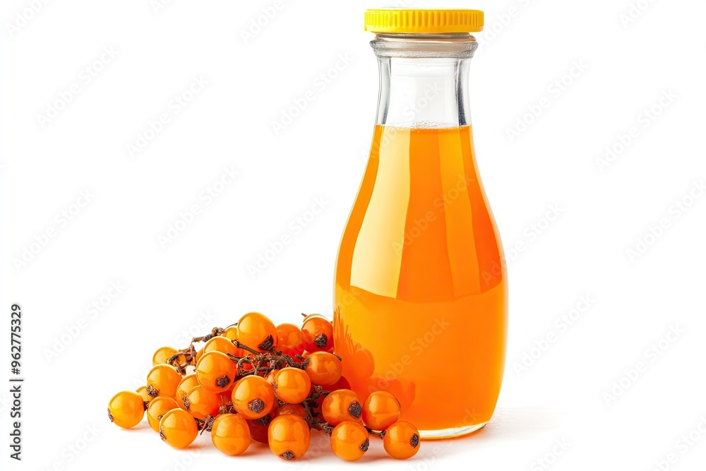Fresh Sea Buckthorn Juice Bottle With Sea Buckthorn Berries isolated on a white background Fresh Sea Buckthorn Juice Bottle With Sea Buckthorn Berries isolated on a white background