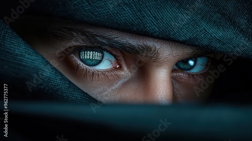 Intense close-up of a secret agent's eyes, reflecting dangerous encrypted codes, with a tense atmosphere photo