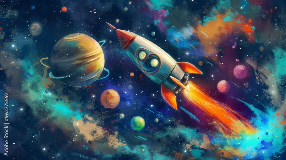 Rocket flying through a galaxy filled with vibrant colors and multiple planets. A lively and captivating illustration perfect for sci-fi book covers, space-themed posters, or digital backgrounds that Rocket flying through a galaxy filled with vibrant colors and multiple planets. A lively and captivating illustration perfect for sci-fi book covers, space-themed posters, or digital backgrounds that