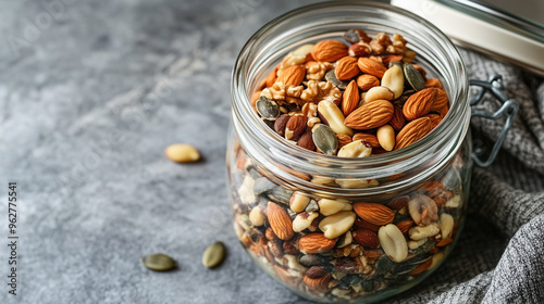 Mixed Nuts and Seeds in Glass Jar photo