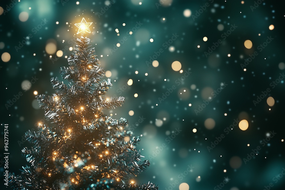 mobile wallpaper tinsel foil Christmas tree decorations on a dark green background with falling snowflakes, silver confetti, bright holographic shine mobile wallpaper tinsel foil Christmas tree decorations on a dark green background with falling snowflakes, silver confetti, bright holographic shine
