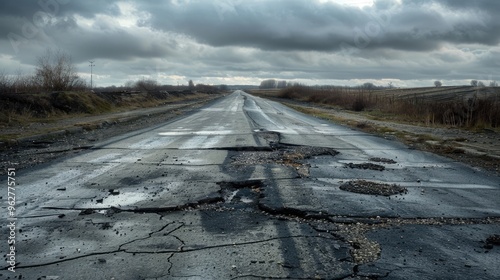 The close up picture of the pothole on the broken road with cracked and hole on street, the pothole is the type of road defect characterized by the depression or hollow in surface of a roadway. AIG51. photo