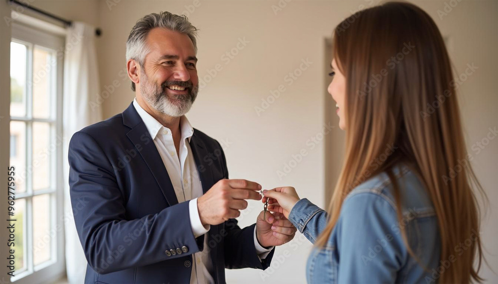 A smiling mature professional realtor agent giving house key to a couple buying property and ready to become homeowners, real estate market concept. A smiling mature professional realtor agent giving house key to a couple buying property and ready to become homeowners, real estate market concept.
