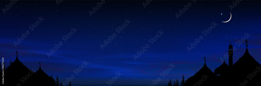 Sky Night,Ramadan Kareem Background with Crescent moon,Mosques,Star with Sunset Sky,Vector Greeting festive for symbolic of Muslim culture,Eid Mubarak,Eid al adha,Eid al fitr,Islamic new year,Muharram Sky Night,Ramadan Kareem Background with Crescent moon,Mosques,Star with Sunset Sky,Vector Greeting festive for symbolic of Muslim culture,Eid Mubarak,Eid al adha,Eid al fitr,Islamic new year,Muharram