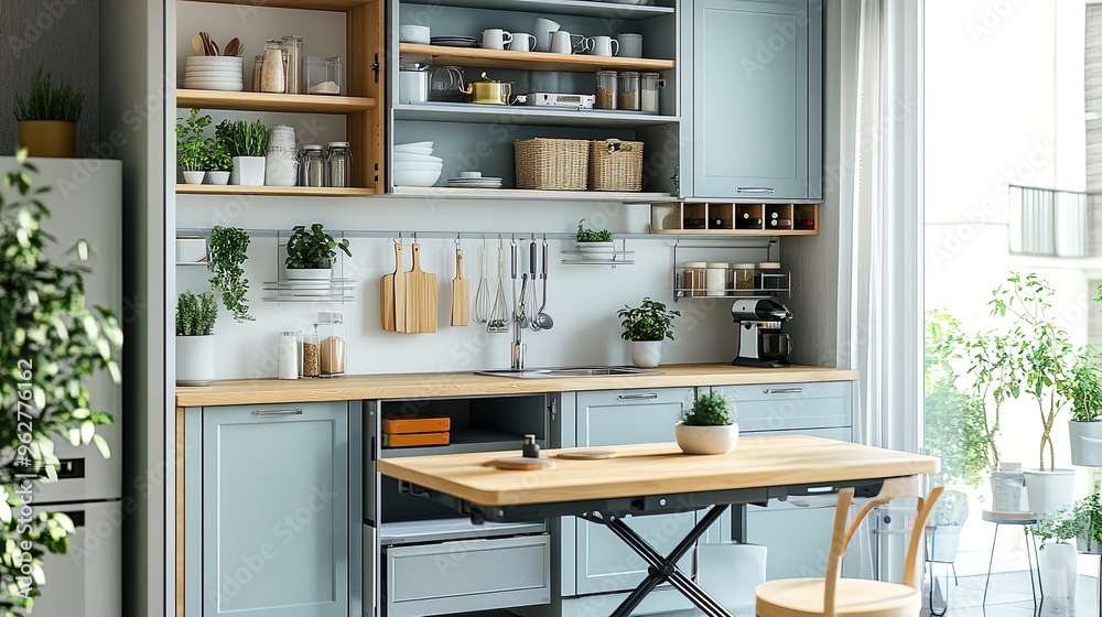 Transform Your Space: Multifunctional Kitchen with Movable Island, Wall-Mounted Folding Chairs, and Stylish Open Shelving - Perfect for a Modern Home Décor Poster! Transform Your Space: Multifunctional Kitchen with Movable Island, Wall-Mounted Folding Chairs, and Stylish Open Shelving - Perfect for a Modern Home Décor Poster!