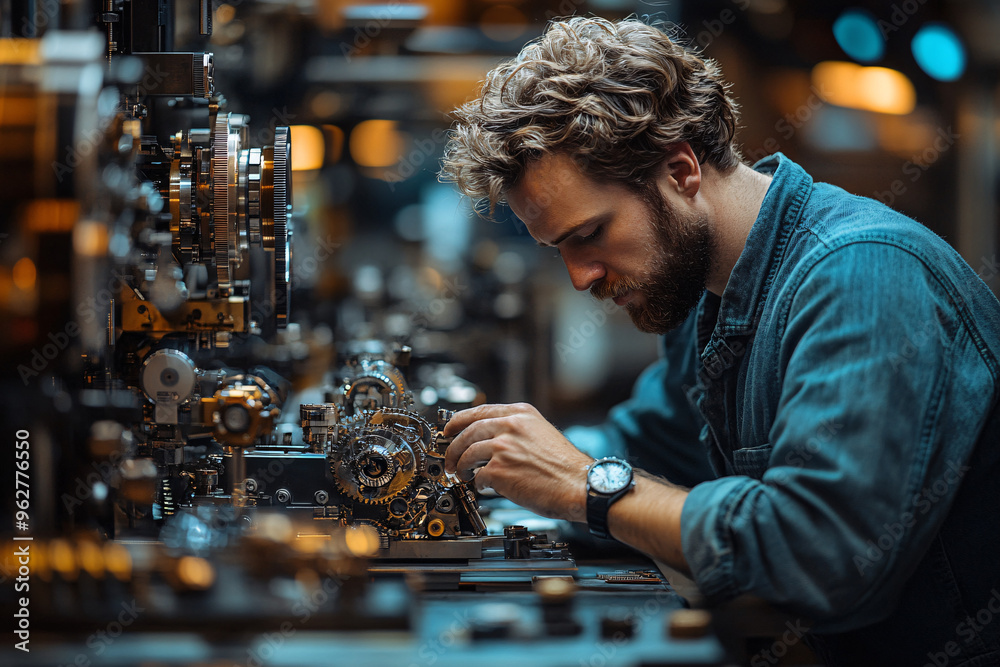 A man is operating and repairing mechanical parts in an industrial workshop. A man is operating and repairing mechanical parts in an industrial workshop.