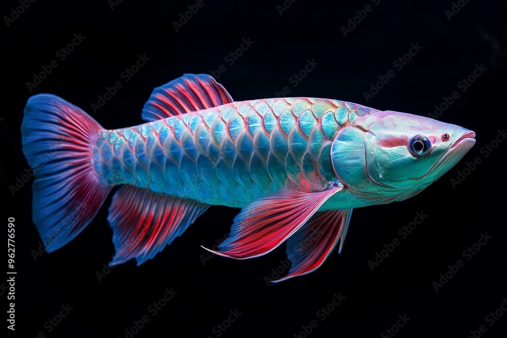the beside view Silver Arowana Fish, left side view, white copy space on right, Isolated on dark Background the beside view Silver Arowana Fish, left side view, white copy space on right, Isolated on dark Background