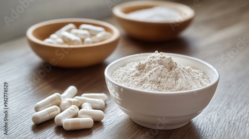 A bowl of powder with capsules on a wooden surface, highlighting nutritional supplements and health products for wellness.