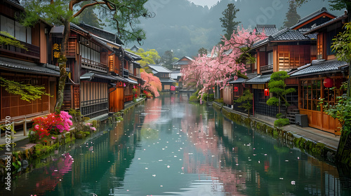 Water Reflections of Traditional Japanese Homes with Cherry Blossoms - Illustration