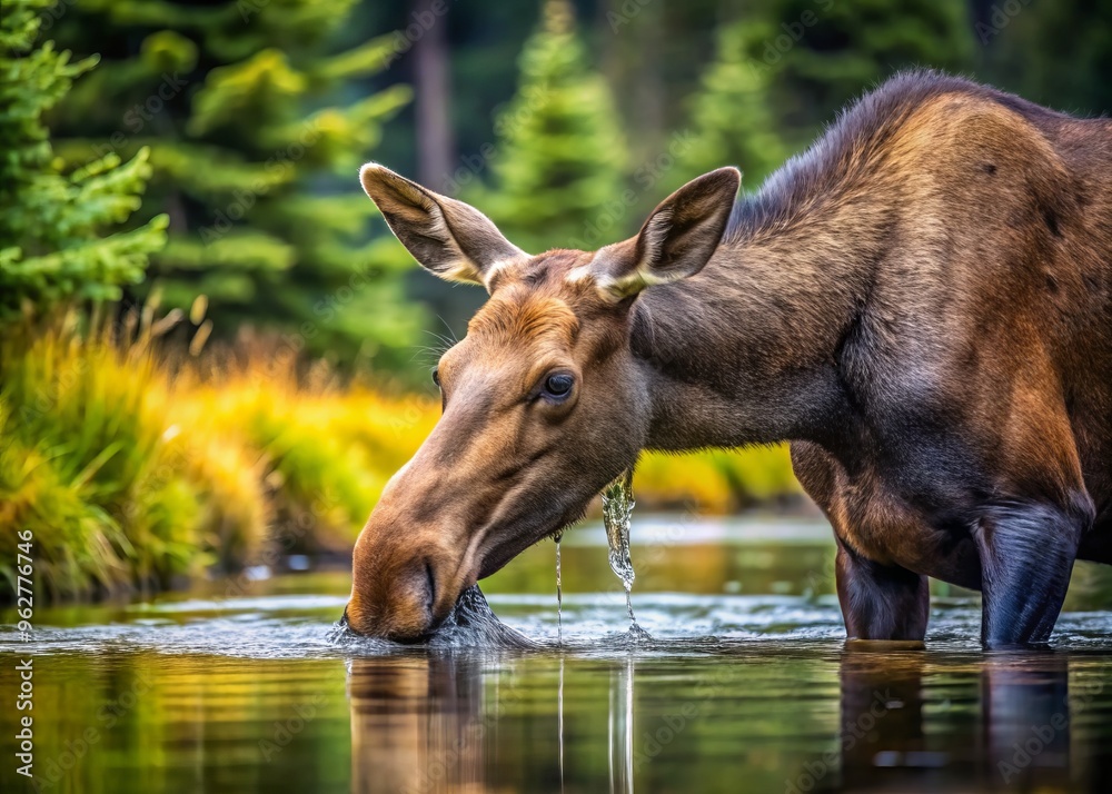 Closeup Photograph Of A Moose Drinking From A River In The Forest Wilderness Closeup Photograph Of A Moose Drinking From A River In The Forest Wilderness