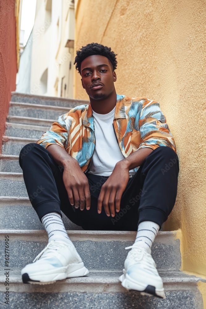 Young man sits on stairs in quiet contemplation. He is dressed in white t-shirt and black pants against yellow wall background. Simple scene with white sneakers Young man sits on stairs in quiet contemplation. He is dressed in white t-shirt and black pants against yellow wall background. Simple scene with white sneakers