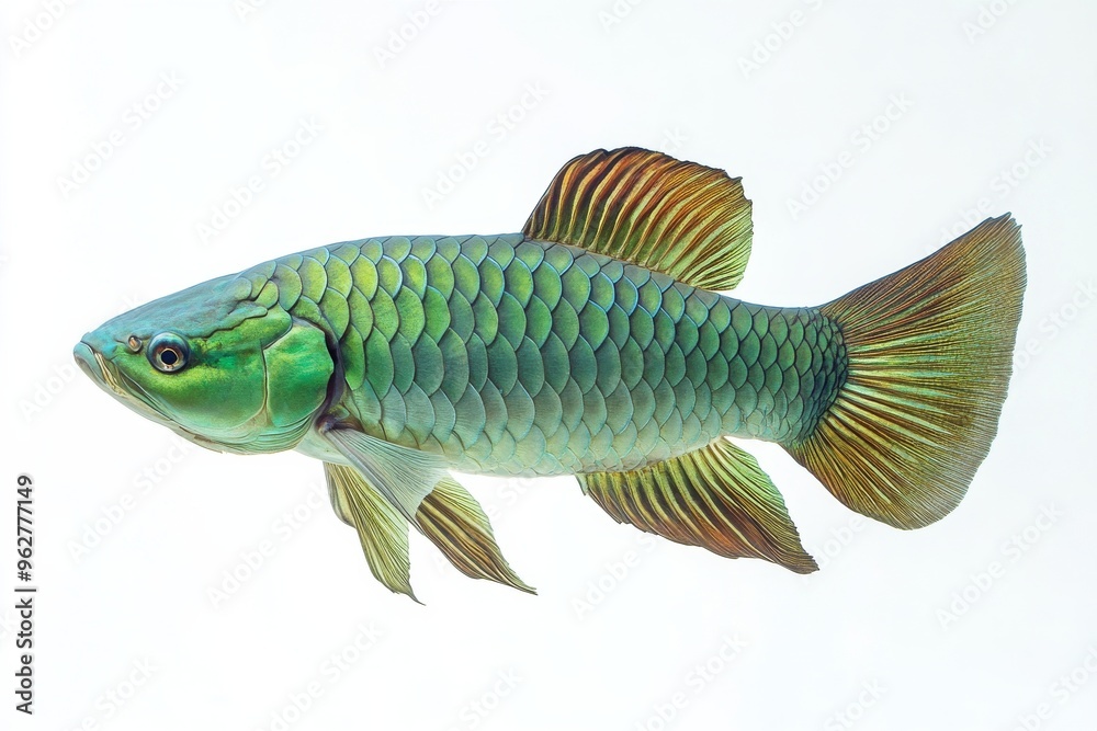 the beside view Green Arowana Fish, left side view, white copy space on right, Isolated on White Background