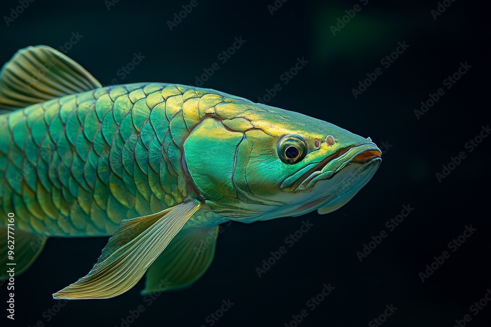Fototapeta premium the beside view Green Arowana Fish, left side view, white copy space on right, Isolated on dark Background