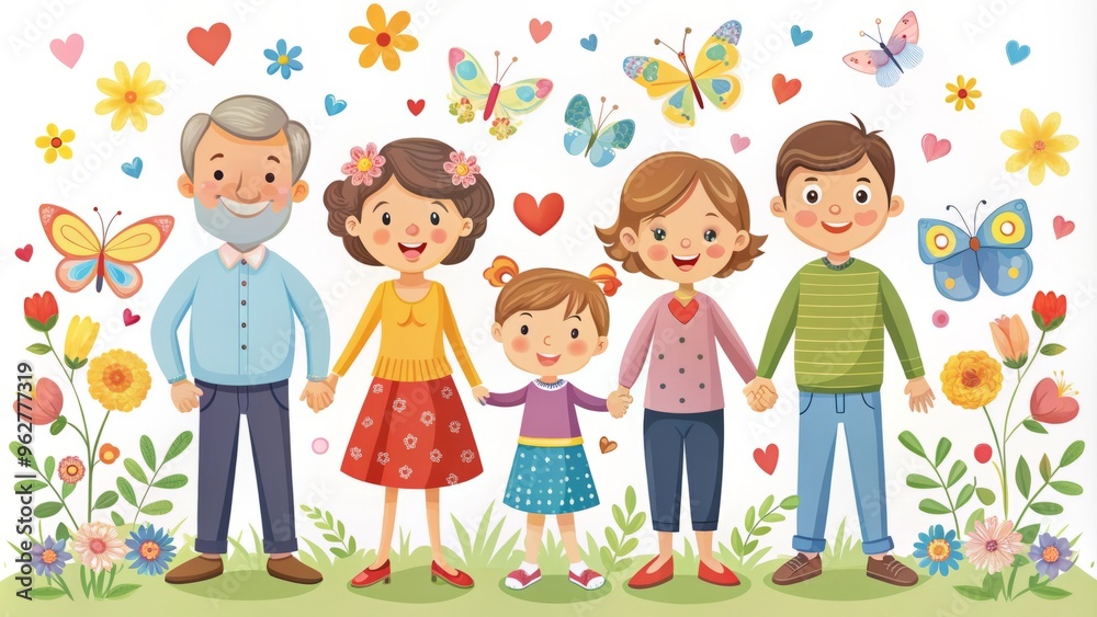 Colorful illustration of a happy diverse family of six with smiling faces, holding hands, surrounded by hearts, flowers, and butterflies, conveying love and unity. Colorful illustration of a happy diverse family of six with smiling faces, holding hands, surrounded by hearts, flowers, and butterflies, conveying love and unity.