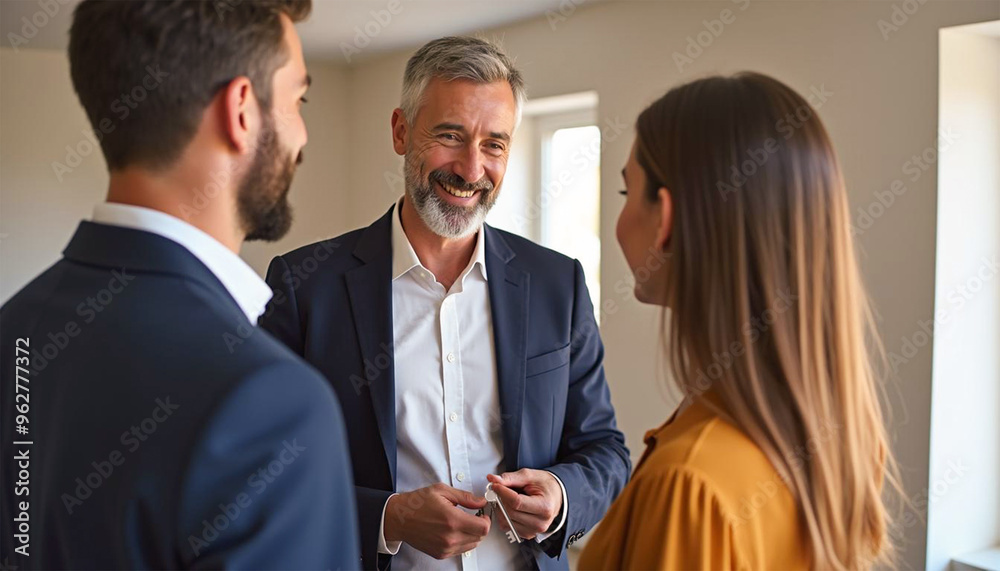 A smiling mature professional realtor agent giving house key to a couple buying property and ready to become homeowners, real estate market concept. A smiling mature professional realtor agent giving house key to a couple buying property and ready to become homeowners, real estate market concept.