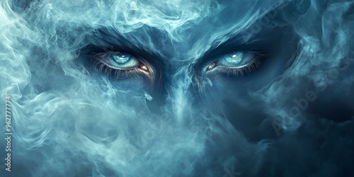 Two blue eyes peer through swirling smoke.