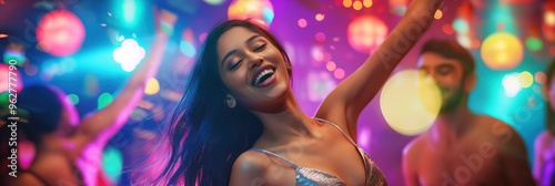 Lively party scene with joyful woman dancing in center, arms raised high to music rhythm. Background features two men smiling in conversation surrounded by colorful lights and decorations.