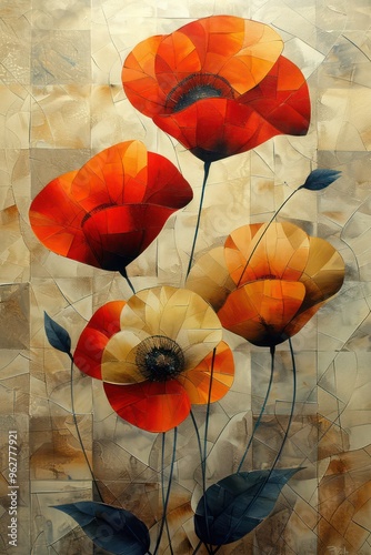 A vibrant artwork featuring stylized red and orange flowers against a textured background.