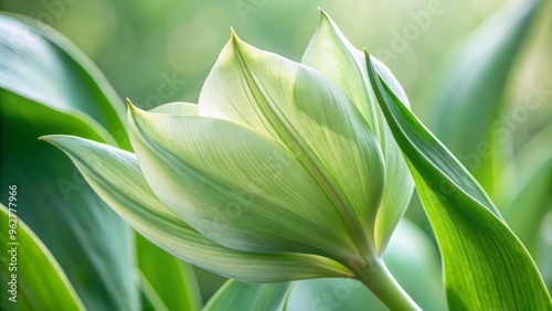 Delicate, cupped tulip leaf with wavy edges and slender stem, showcasing its elegant, lance-shaped silhouette in a soft, muted green color palette. photo