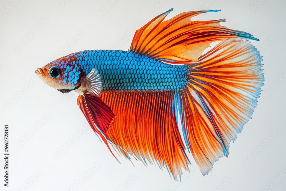 Fototapeta premium the beside view Crowntail Betta Fish, left side view, white copy space on right, Isolated on White Background