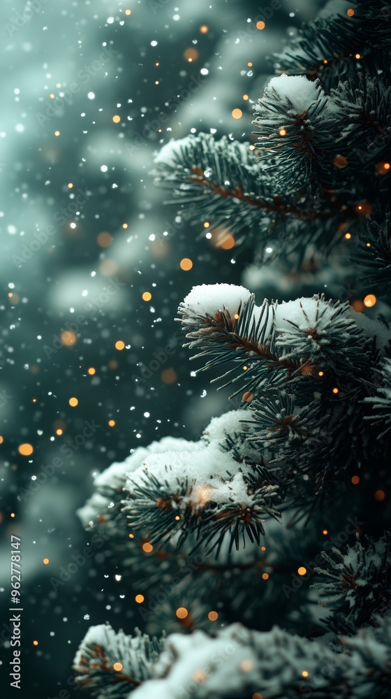mobile wallpaper tinsel foil Christmas tree decorations on a dark green background with falling snowflakes, silver confetti, bright holographic shine mobile wallpaper tinsel foil Christmas tree decorations on a dark green background with falling snowflakes, silver confetti, bright holographic shine