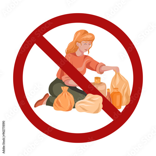 Sorting waste is prohibited. A woman sorts plastic into a forbidden sign isolated from the background. Utilize garbage in ban