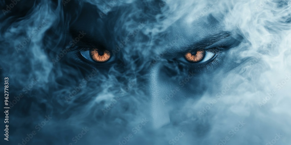 Two intense eyes peer through smoke. Two intense eyes peer through smoke.