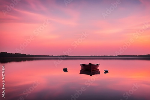 A romantic scene of a heart shaped boat floating on a calm lake reflecting the pink and orange hues, AI Generated