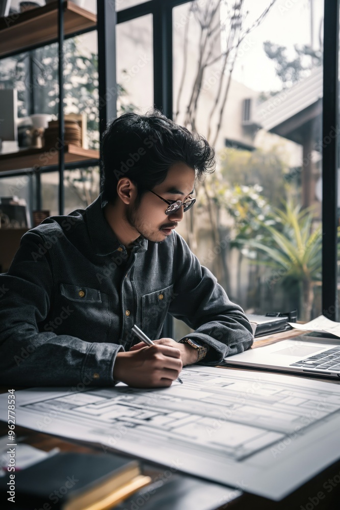Young Asian man draws architectural design on paper at desk with cluttered workspace. Wears black shirt, glasses, surrounded by laptop, book, cup, and window view of trees. Minimalistic workshop.