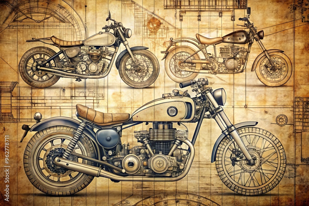 Detailed Drawings Of Motorcycles In Various Styles, Showcasing ...
