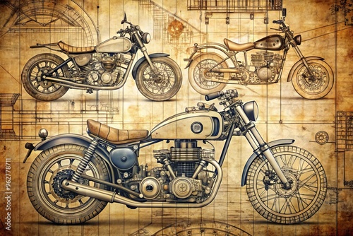 Detailed Drawings Of Motorcycles In Various Styles, Showcasing Intricate Designs And Mechanical Components. photo