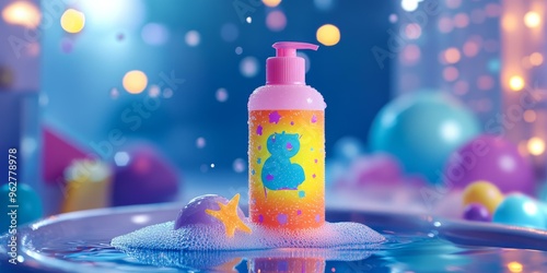 Colorful bottle and foam in a blue basin. photo