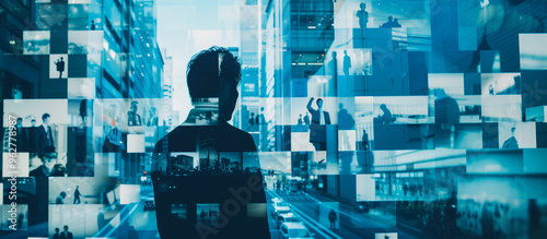 Business marketing theme photo global strategy worldwide network connecting digital data, collaboration and marketing digital technology analytics with overlay elements. Generative AI
