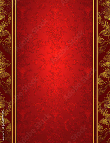 Red background with a golden border, a patterned red and gold damask texture, a vertical frame on the right side of the page, in a luxurious and elegant style