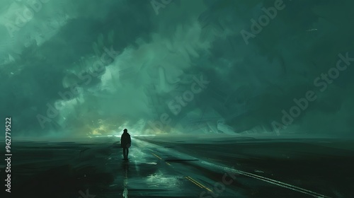 A solitary figure walks along a dark, reflective road under a dramatic, stormy sky.