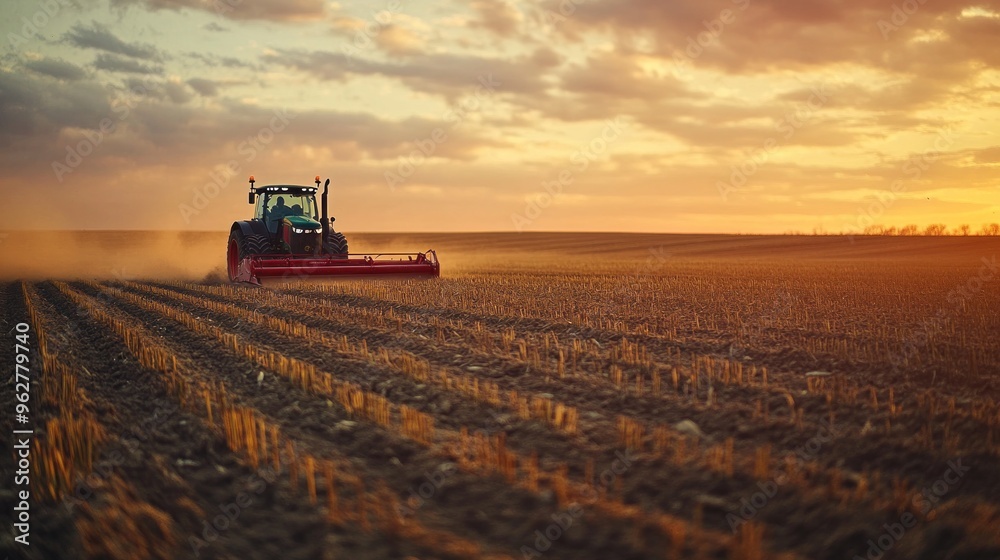 A tractor plowing a field at sunset, creating dust in a rural landscape. A tractor plowing a field at sunset, creating dust in a rural landscape.