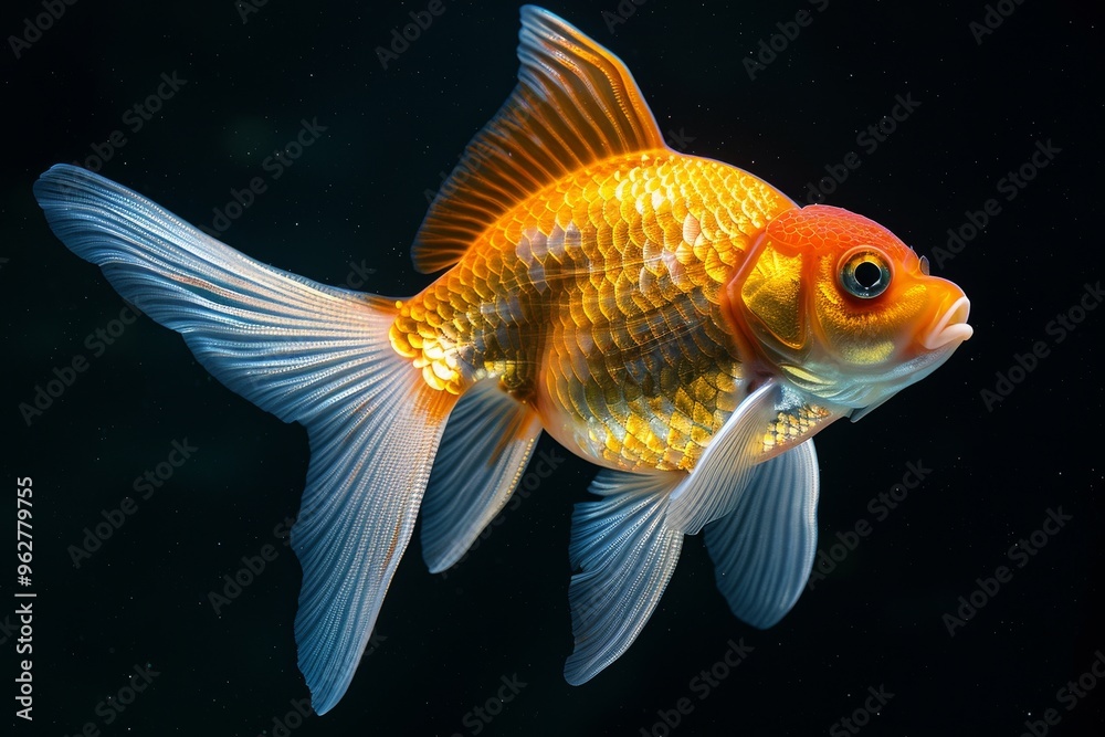 the beside view Fancy Goldfish, Isolated on dark Background the beside view Fancy Goldfish, Isolated on dark Background